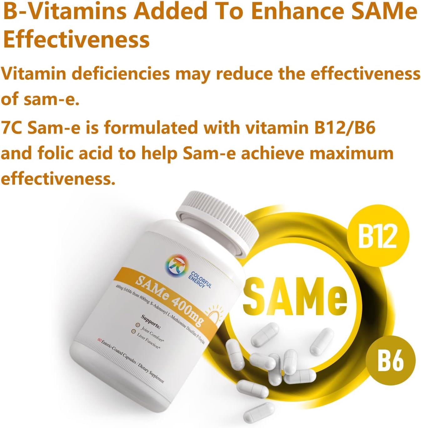 7c SAM-e 400 mg (S-Adenosyl-Methionine), B-Vitamins Added to Enhance SAM-e Effectiveness, Mood and Joint Comfort, Gluten-Free, 60 Enteric Coated Capsules