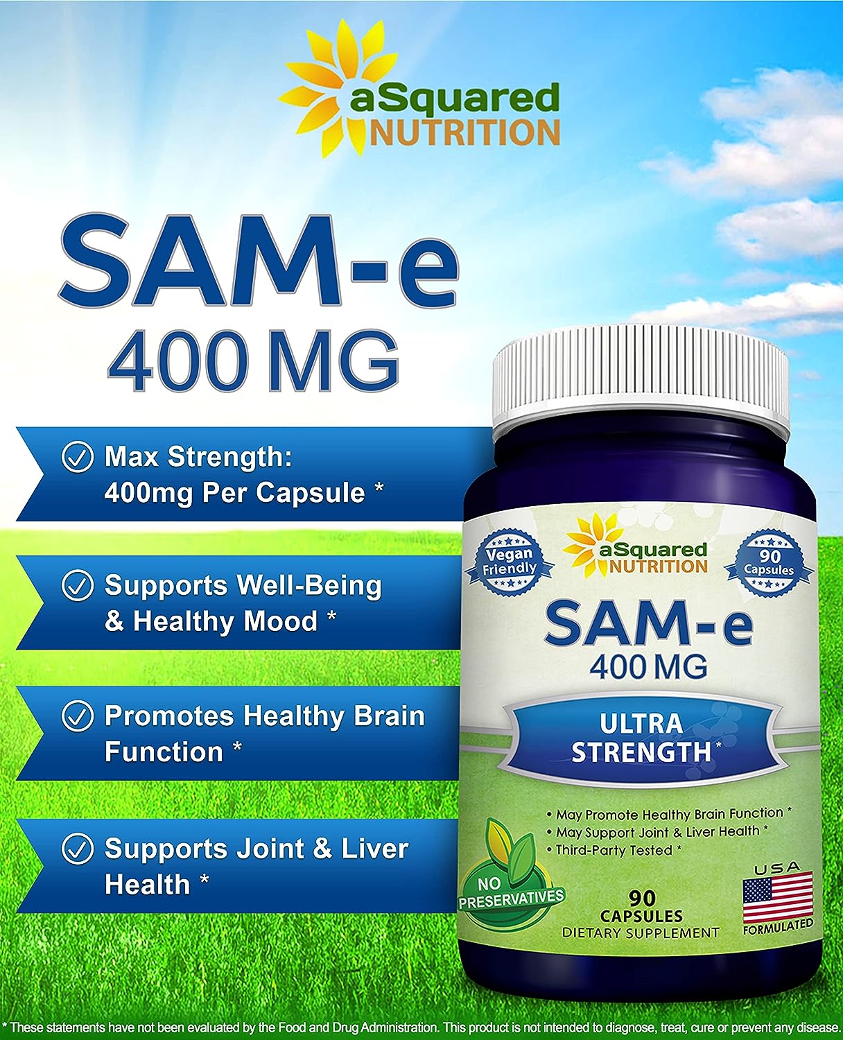 aSquared Nutrition SAM-e 400mg Supplement - 90 Capsules - Same (S-Adenosyl Methionine) to Support Mood, Joint Health, and Brain Function - Extra Strength Vegan SAM e Pills : Health  Household