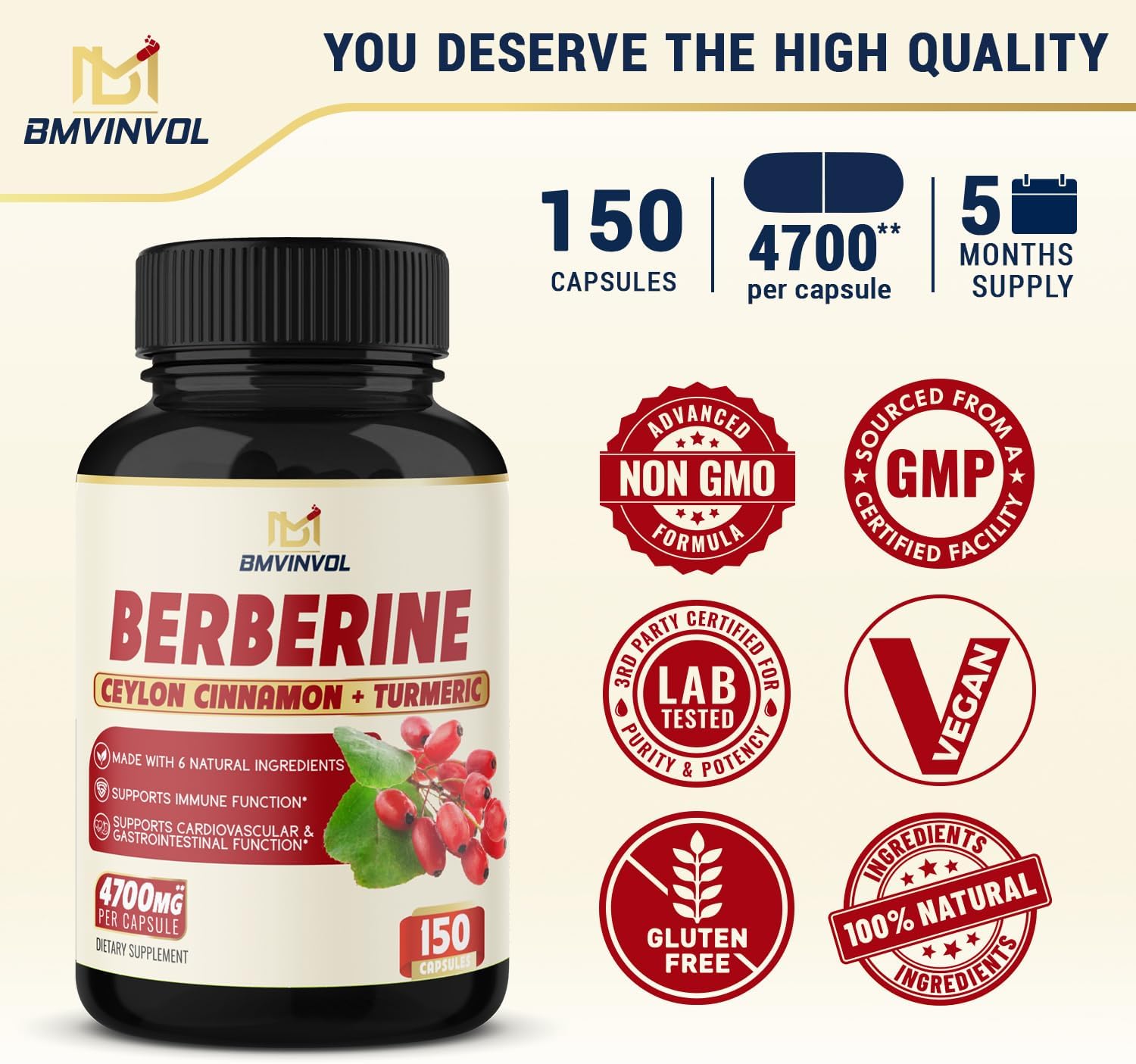 Berberine Supplement 4700mg - 5 Months Supply - High Potency with Ceylon Cinnamon, Turmeric - Supports Immune System, Cardiovascular  Gastrointestinal Function - Berberine HCl Supplement Pills