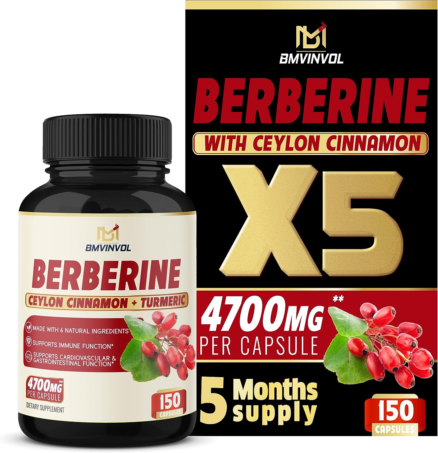 Berberine Supplement 4700mg - 5 Months Supply - High Potency with Ceylon Cinnamon, Turmeric - Supports Immune System, Cardiovascular  Gastrointestinal Function - Berberine HCl Supplement Pills