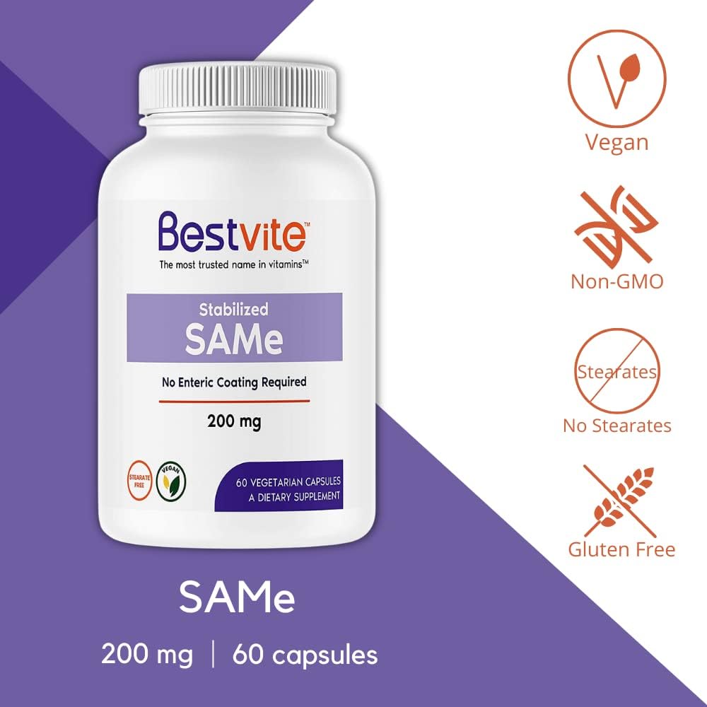 BESTVITE SAM-e 200mg Stabilized (60 Vegetarian Capsules) - Easy to Swallow Capsule Form - No Enteric Coat Needed - No Titanium Dioxide - No Stearates - Vegan - Non GMO - Gluten Free