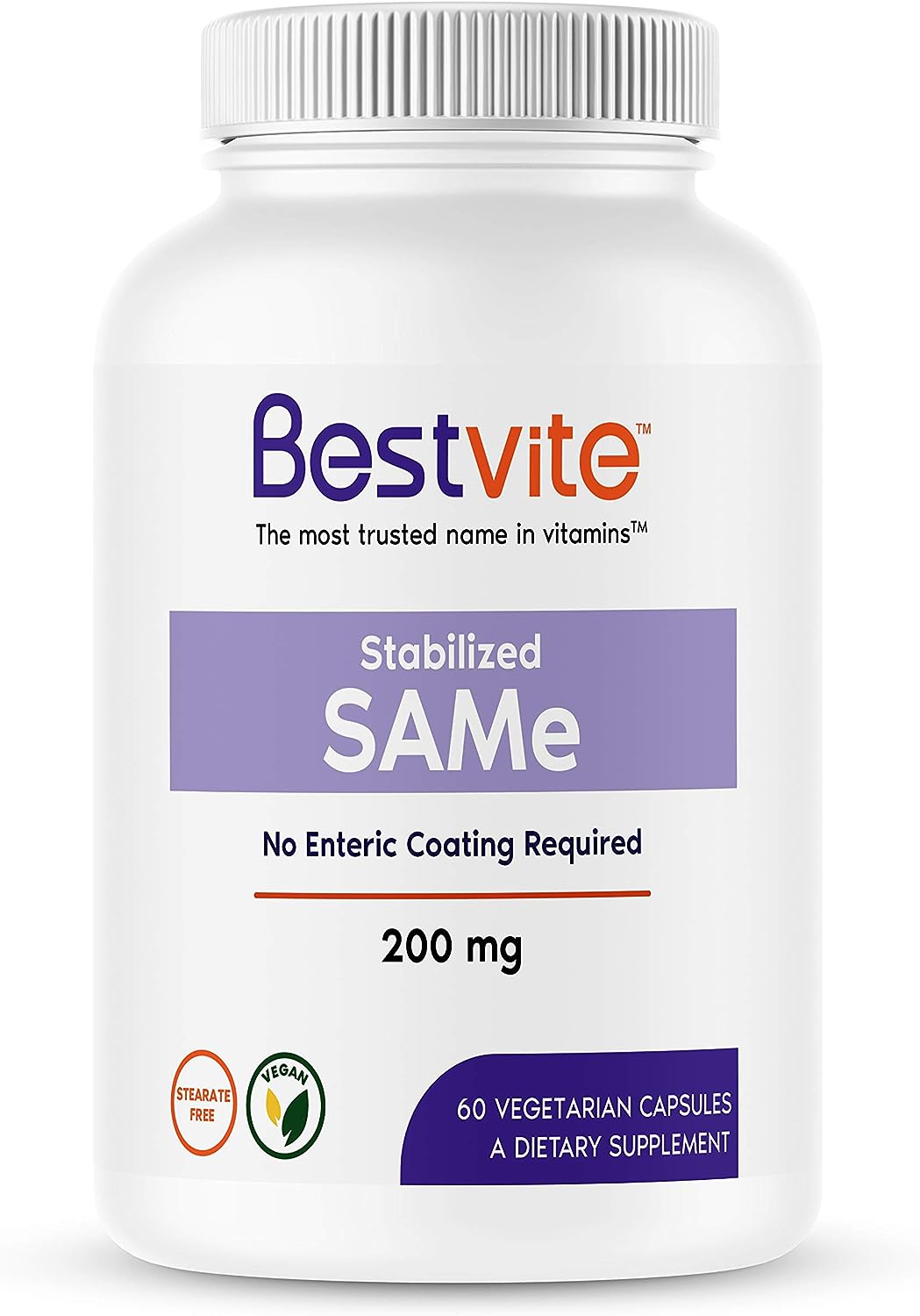 BESTVITE SAM-e 200mg Stabilized (60 Vegetarian Capsules) - Easy to Swallow Capsule Form - No Enteric Coat Needed - No Titanium Dioxide - No Stearates - Vegan - Non GMO - Gluten Free