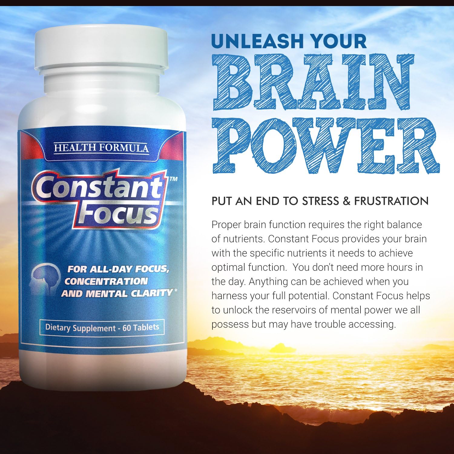Constant Focus -- Brain Booster - Natural Herbal Brain Health Supplement for All Day Focus - Memory - Concentration - Alertness  Mental Clarity -- 60 Tabs