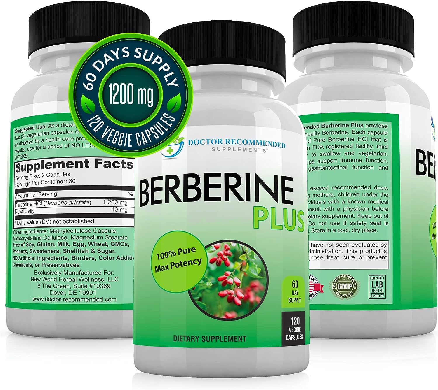 DOCTOR RECOMMENDED SUPPLEMENTS Berberine Plus 1200mg Per Serving - 120 Veggie Capsules with Royal Jelly