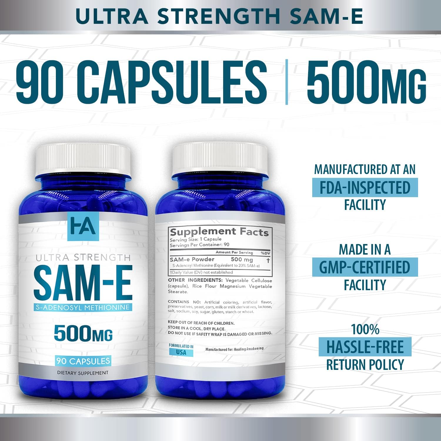 Healing Awakening SAM-e 500mg 90 Capsules (S-Adenosyl Methionine)