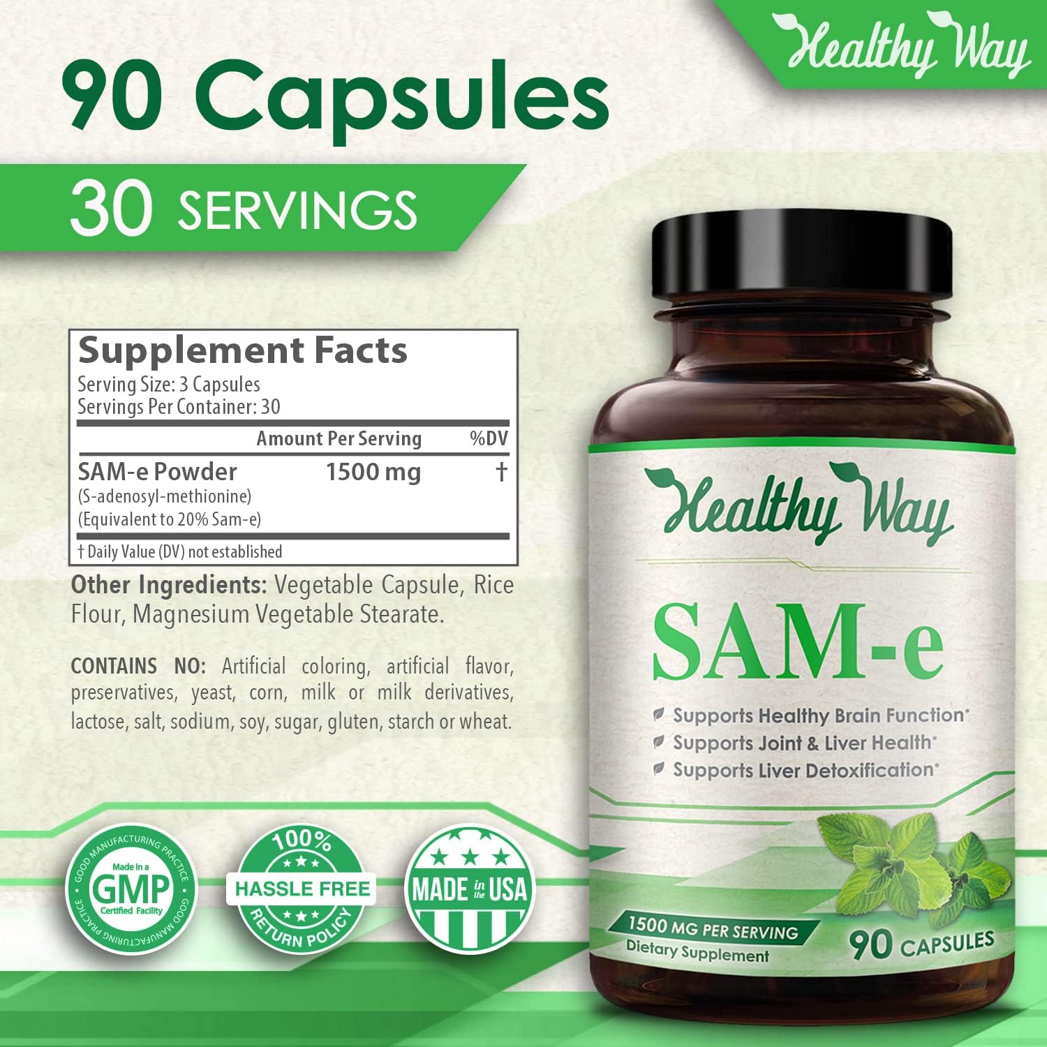 Healthy Way SAM-e - S-Adenosyl Methionine 1500mg 90 Capsules USA Made : Health  Household