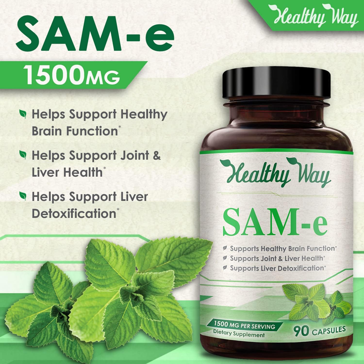 Healthy Way SAM-e - S-Adenosyl Methionine 1500mg 90 Capsules USA Made : Health  Household