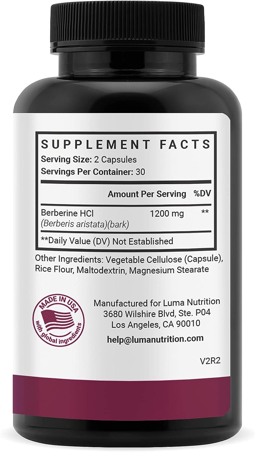 Luma Nutrition Berberine Supplement - Berberine 1200mg Per Serving - Berberine HCI - Berberine Plus - 60 Capsules : Health  Household