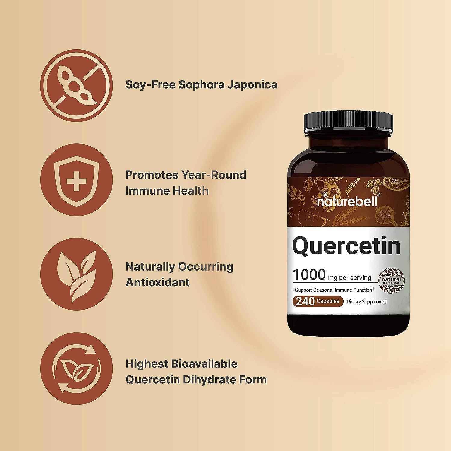 NatureBell Quercetin 1000mg Per Serving | 240 Capsules, Ultra Strength Quercetin Supplement | Bioflavonoids for Healthy Immune Support, Third Party Tested, Non-GMO  No Gluten