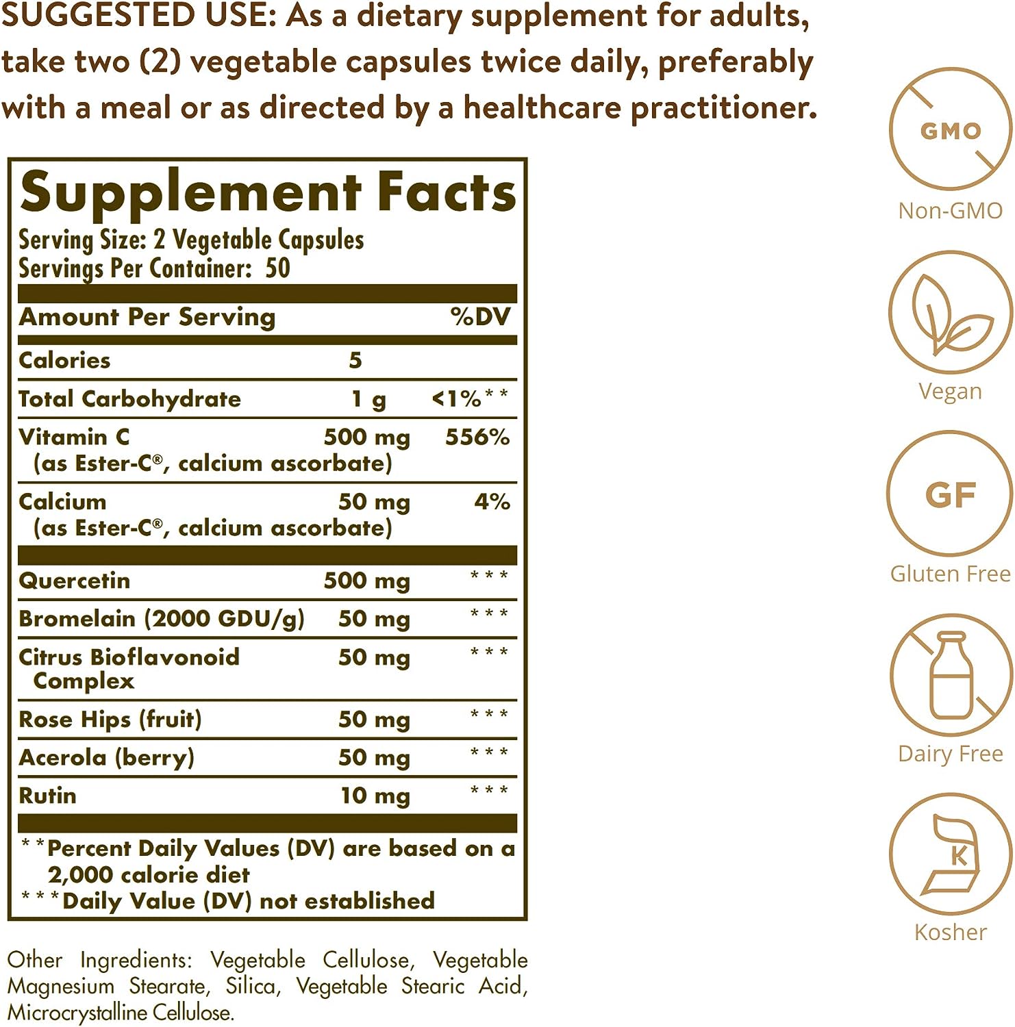 Solgar Quercetin Complex with Ester-C Plus, 100 Vegetable Capsules - Supports Immune Health, Antioxidant - Gentle on the Stomach Vitamin C - Non-GMO, Vegan, Gluten / Dairy Free - 50 Servings