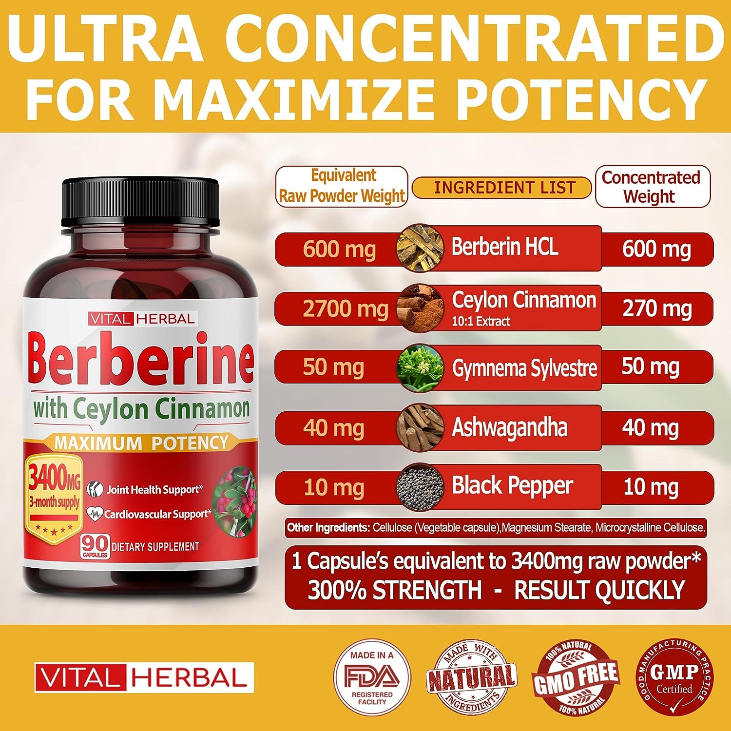 VITAL HERBAL Berberine with Ceylon Cinnamon Capsules Equivalent to 3400 mg Maximum Potency with Gymnema Sylvestre Ashwagandha Black Pepper - Glucose Metabolism Support - 90 Days Supply