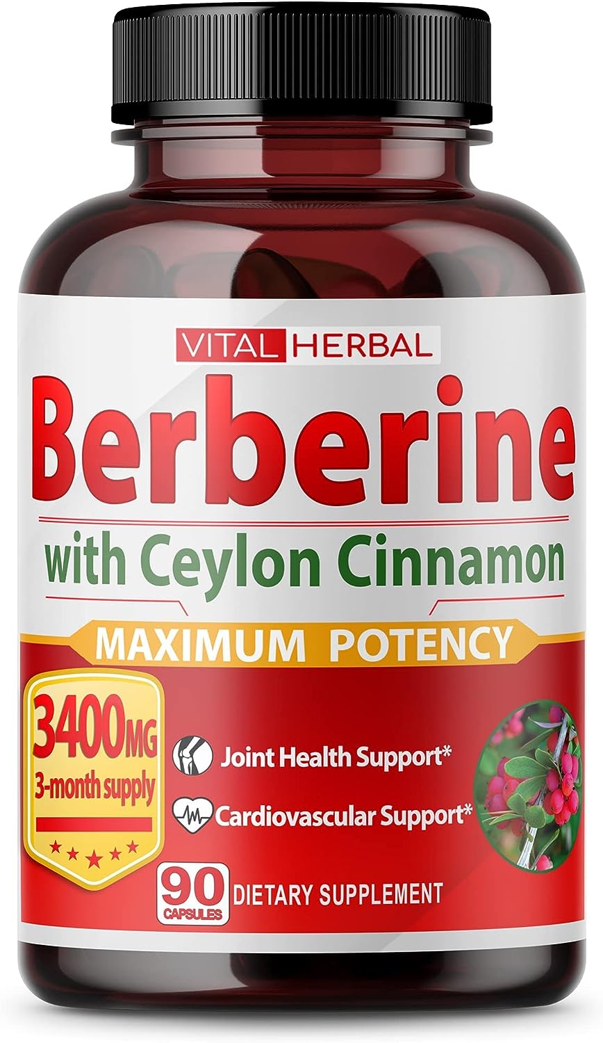 VITAL HERBAL Berberine with Ceylon Cinnamon Capsules Equivalent to 3400 mg Maximum Potency with Gymnema Sylvestre Ashwagandha Black Pepper - Glucose Metabolism Support - 90 Days Supply