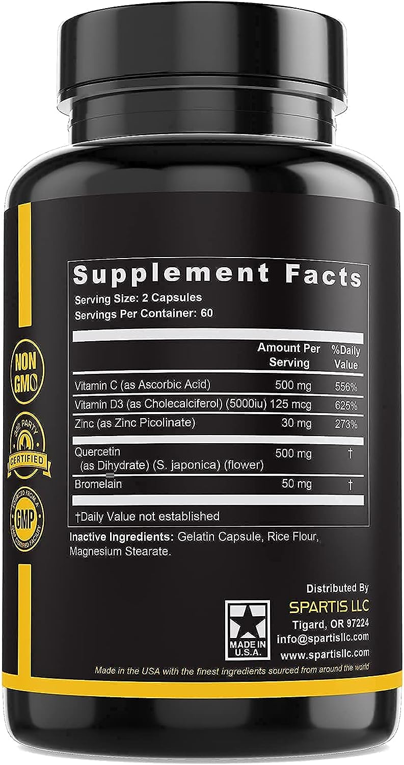 Zinc Quercetin 500mg with Vitamin C Vitamin D3 Bromelain Immune Support High Potency Quercetin Zinc Supplement ZQV by SPARTIS (Pack of 1 at 120-Caps)