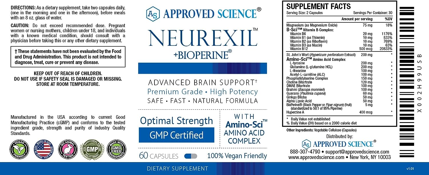 Approved Science Neurexil - Natural Nootropic Support with DMAE - Enhance Brain Function, Sharpen Clarity, Boost Memory - L-Tyrosine, Ginkgo Biloba, Huperzine A, BioPerine - 6 Month Supply