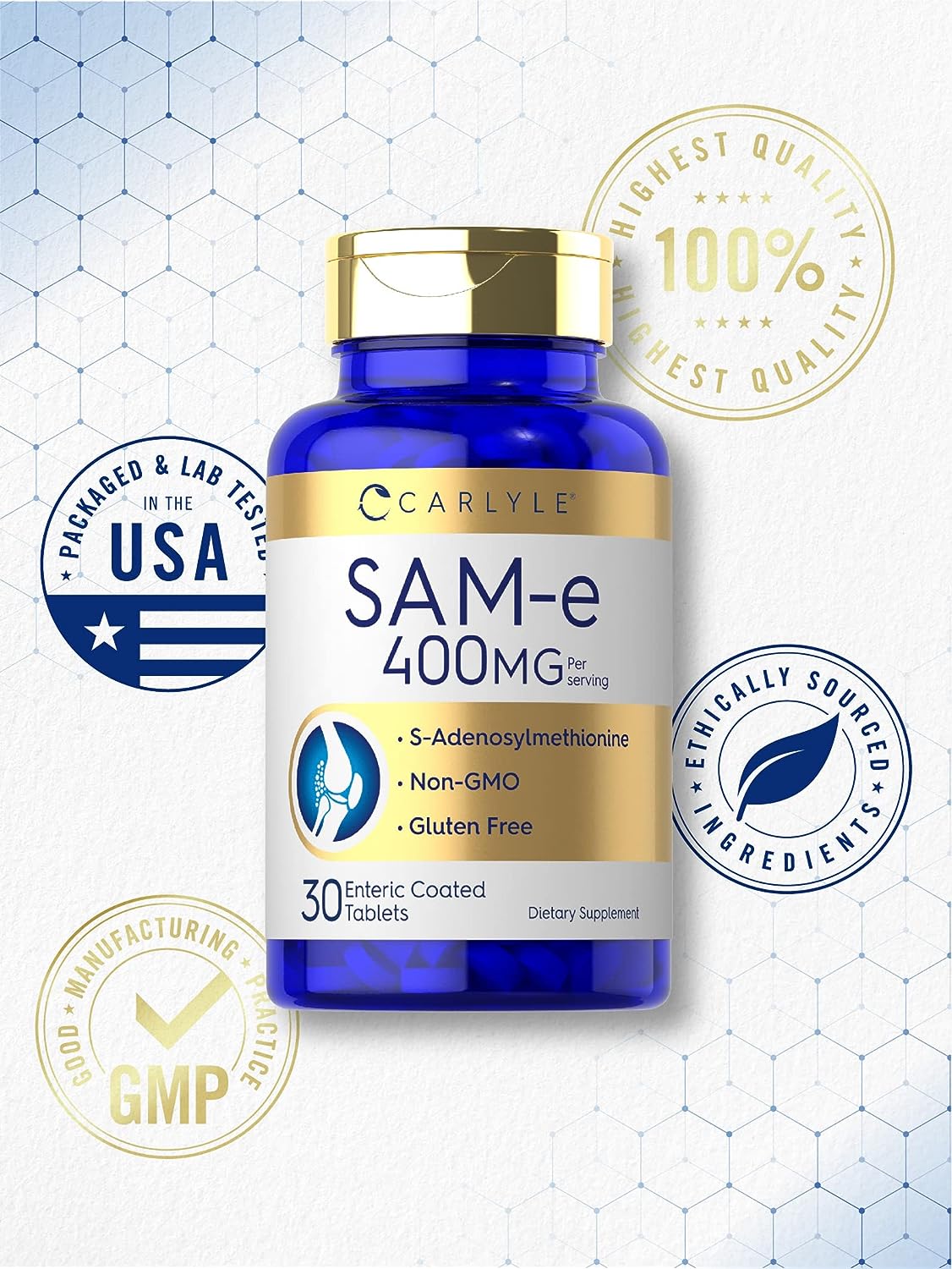 Carlyle SAM-e 400mg | 30 Tablets | S-Adenosylmethionine Pills | Non-GMO, Gluten Free Supplement