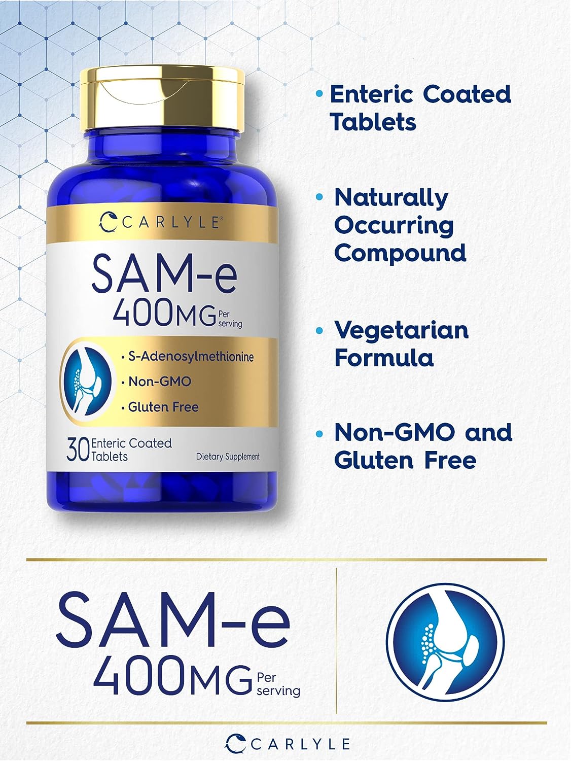 Carlyle SAM-e 400mg | 30 Tablets | S-Adenosylmethionine Pills | Non-GMO, Gluten Free Supplement