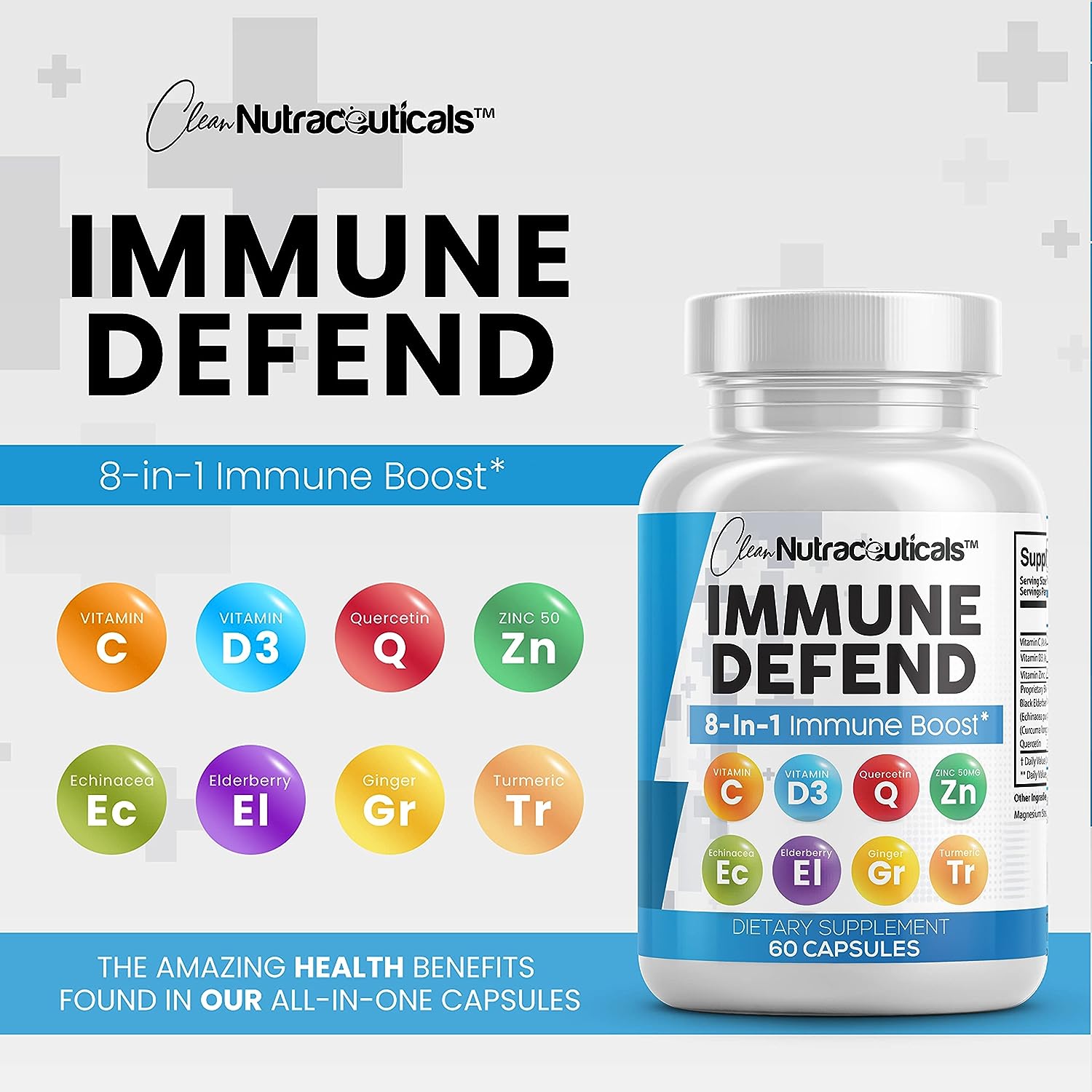 Immune Defense Support Supplement 8 in 1 w/Zinc 50mg Quercetin, VIT C 1000mg, Vitamin D3 5000 IU, Elderberry, Turmeric Curcumin, Ginger, Echinacea - Immunity System Booster Adults Vegan - 60Ct (USA)