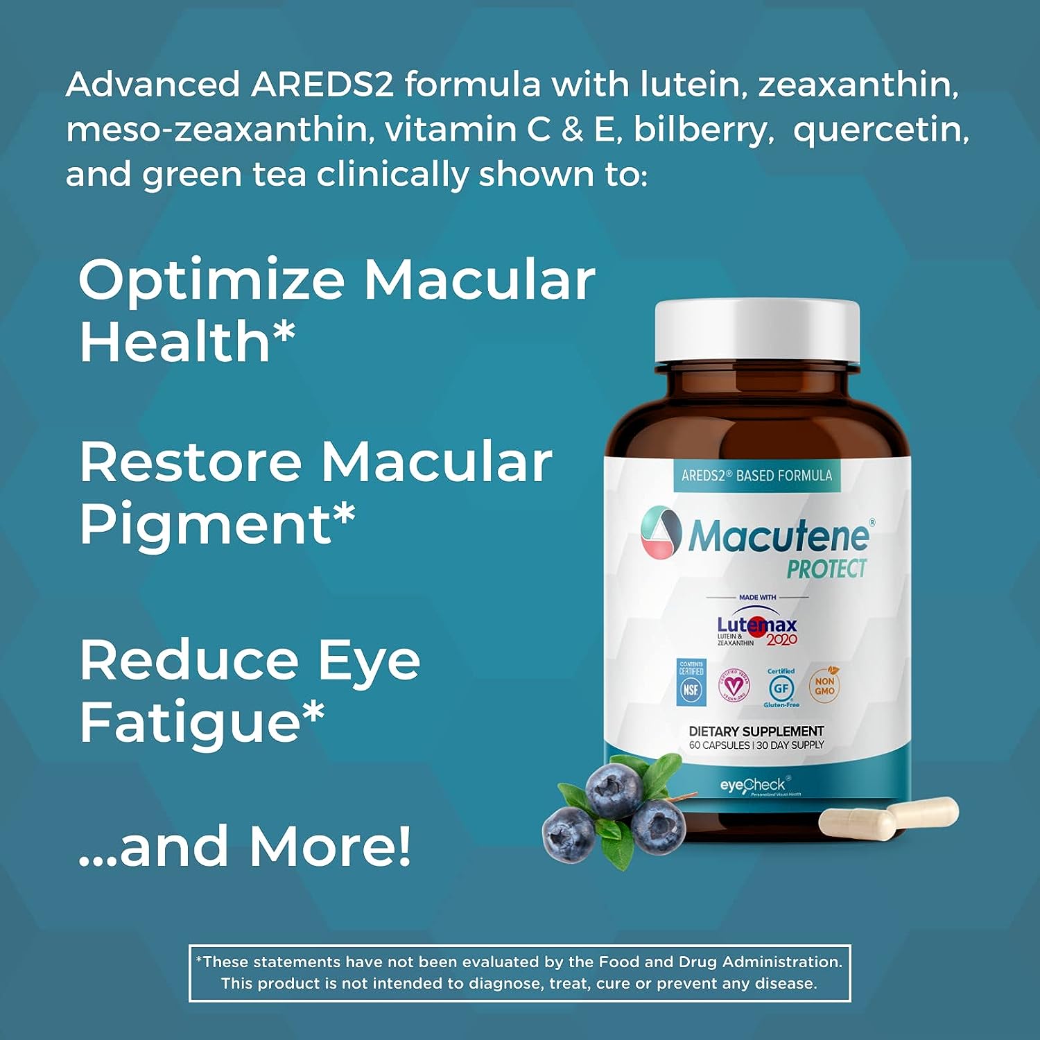 Natural Eye Health Vitamins with Bilberry Zeaxanthin Lutein - Macular Support Supplement, Formula Based On AREDS2® Clinical Trials Plus Carotenoids Quercetin EGCG - Macutene® Protect (60 Capsules)