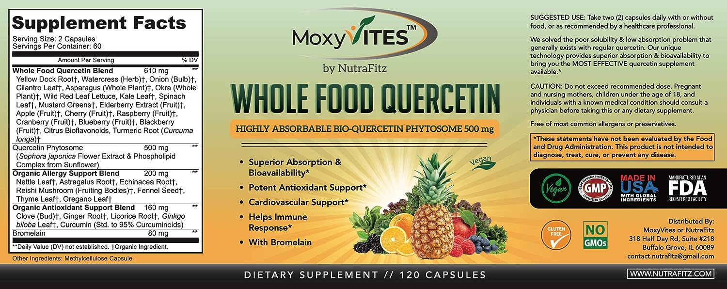 Quercetin with Bromelain 500mg Supplement - Bioactive Phytosome Complex, Pure Organic Whole Food Seasonal Support, Healthy Inflammatory Response, Antioxidant, 20X Absorption  Bioavailability-120 Caps