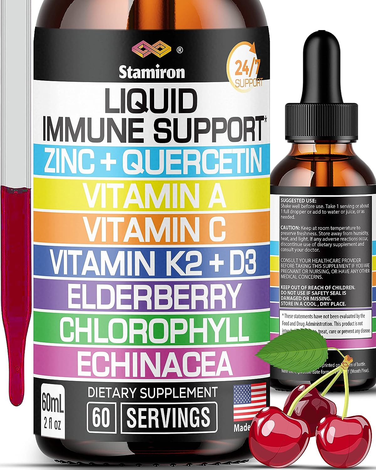 Zinc Quercetin Vitamin C D3 Liquid Immune Support with Vitamin A K2 Echinacea Chlorophyll and Elderberry - 9in1 Immune Defense Drops Complex for Immunity Health Respiratory Health - 60 Servings